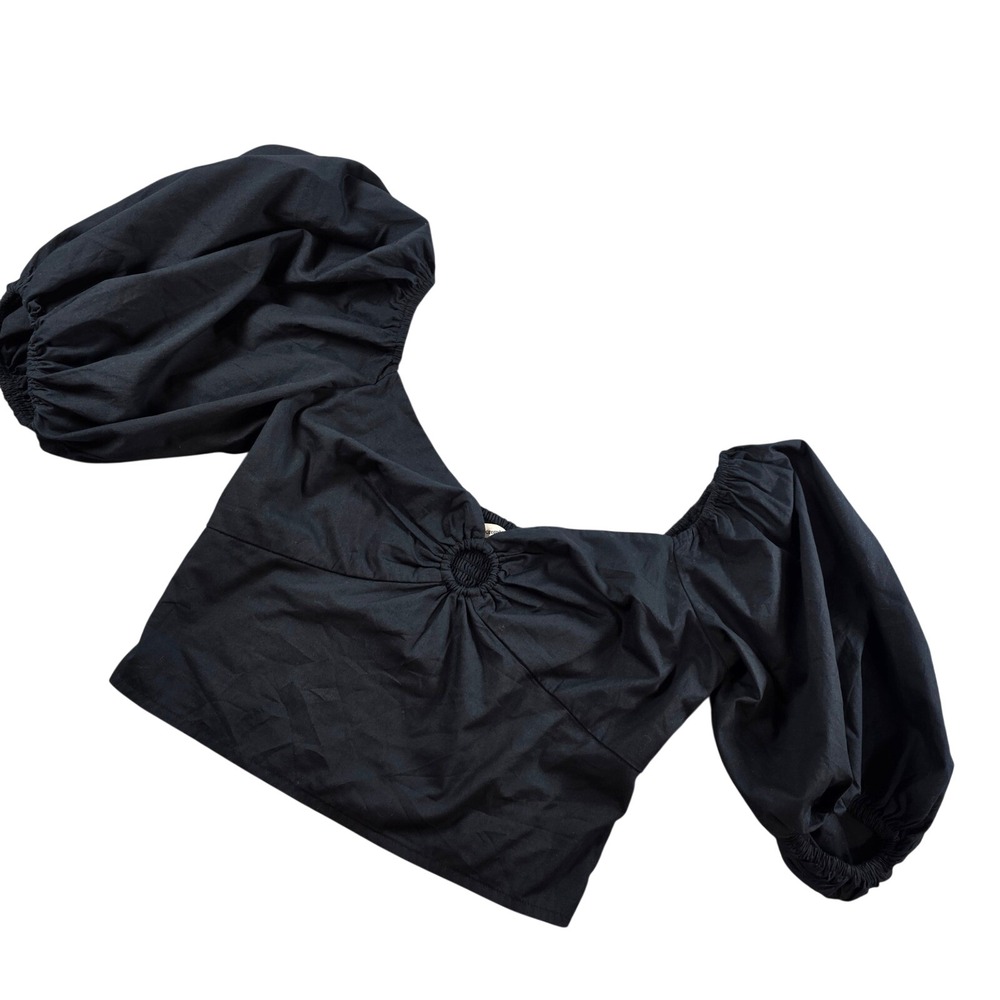 Abercrombie & Fitch Women Medium Black Crop Top Puff Sleeve O-Ring Smocked Back